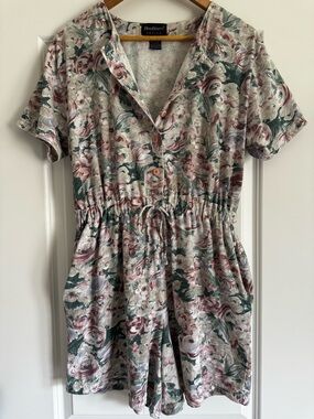 Vintage Floral Romper Petite Cottagecore Button Front Romper w Pockets Size L